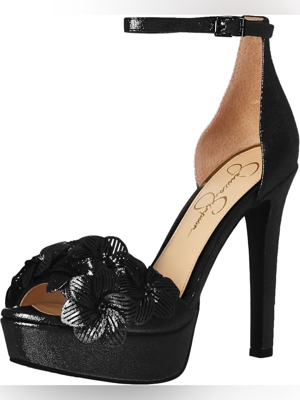 Jessica Simpson MAYFARAN Black Metallic Floral AppliquéPlatform Ankle-Strap Heel